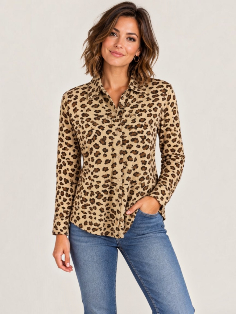 Vintage Pappagallo Leopard Print Fleece Button Down Shirt Top Medium